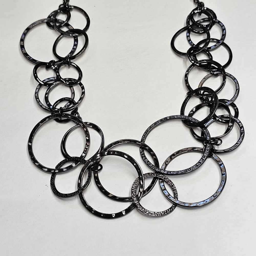 Black Gunmetal Double Strand Hammered Rings Hoops Chain Necklace 18"+3"